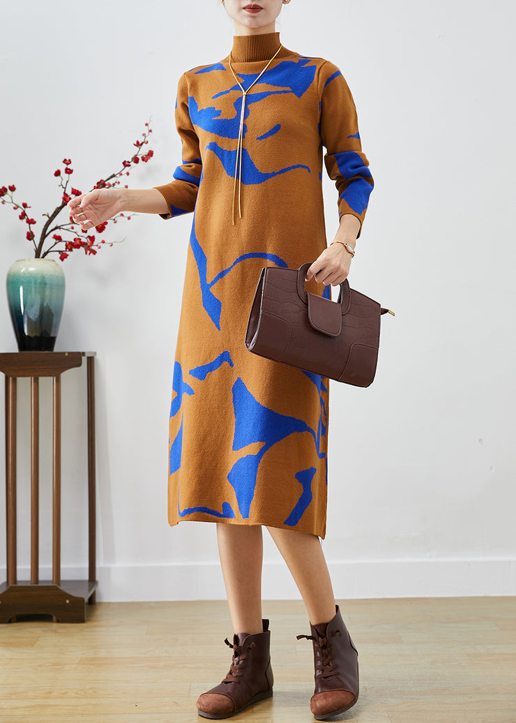 Fashion Camel High Neck Print Knit Dress Fall