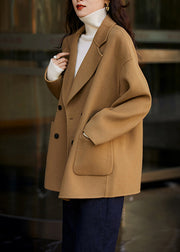 Fashion Camel Peter Pan Collar Pockets Patchwork Woolen Coats Fall