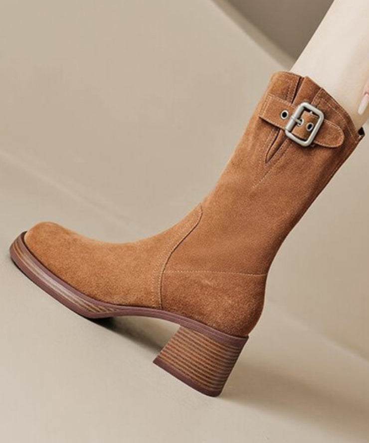 Fashion Caramel Boots Chunky Suede Comfy Belt Buckle