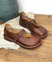 Fashion Chocolate Buckle Strap Loafers For Women Cowhide Leather - SooLinen