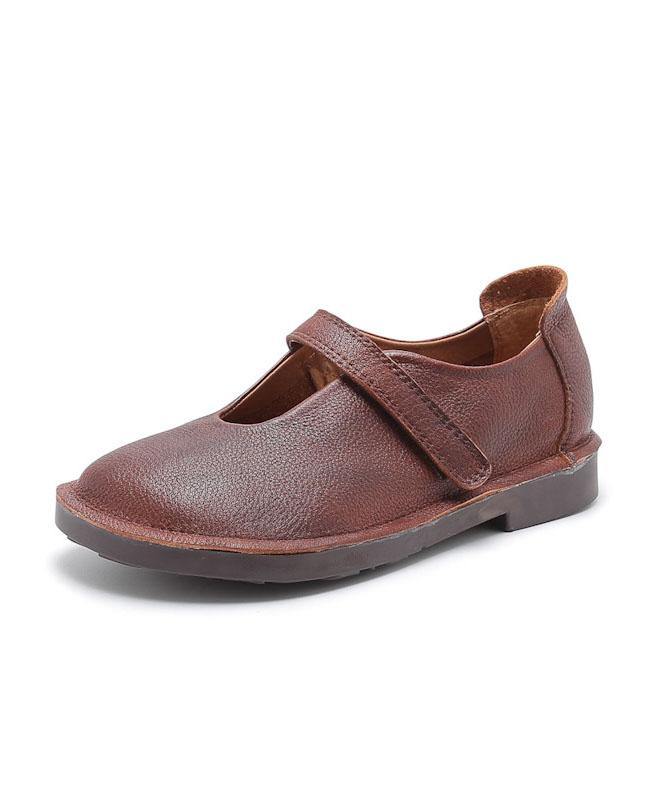 Fashion Chocolate Buckle Strap Loafers For Women Cowhide Leather - SooLinen