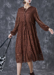 Fashion Chocolate Ruffled Hollow Out Lace Long Dresses Fall