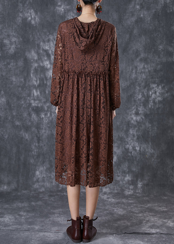 Fashion Chocolate Ruffled Hollow Out Lace Long Dresses Fall