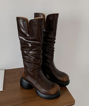 Fashion Chunky High Boots Brown Cowhide Leather Wrinkled