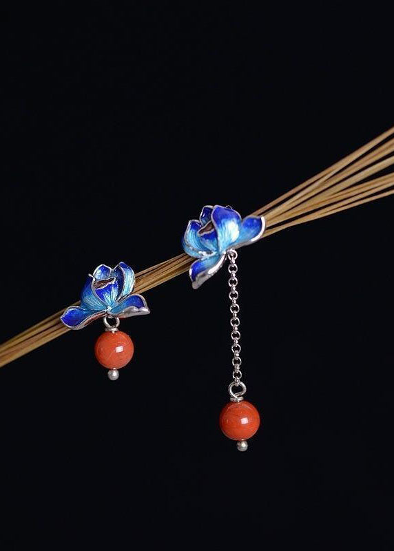 Fashion Cloisonne Lotus Tassel Agate Asymmetrical Design Drop Earrings