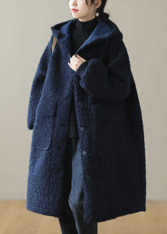 Fashion Coffee Button Pockets Warm Faux Fur Hooded Coat Long Sleeve
