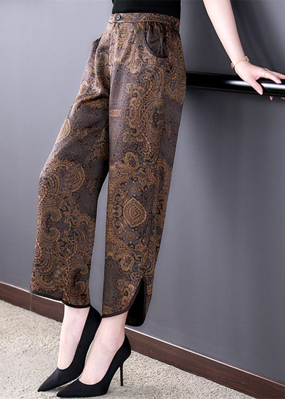 Fashion Chocolate Elastic Waist Pockets Side Open Print Silk Crop Pants Summer