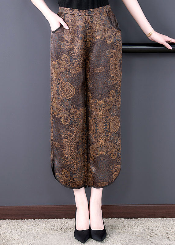 Fashion Chocolate Elastic Waist Pockets Side Open Print Silk Crop Pants Summer
