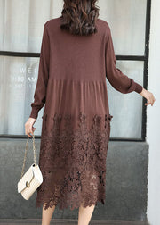 Fashion Chocolate Embroidered Patchwork Knit Long Dresses Spring