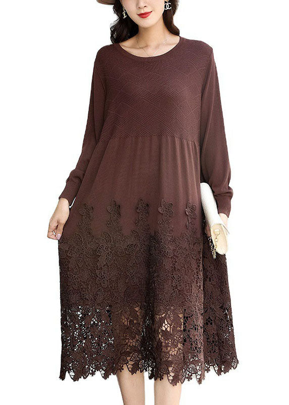 Fashion Chocolate Embroidered Patchwork Knit Long Dresses Spring