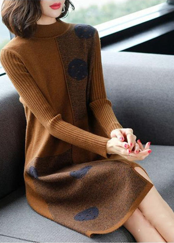 Fashion Coffee High Neck Asymmetrisches Design Strickpullover Kleid Langarm