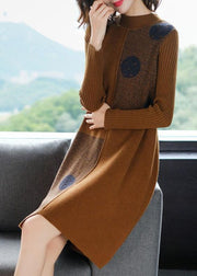 Fashion Chocolate High Neck Asymmetrical Design Knit Sweater Dress Long Sleeve
