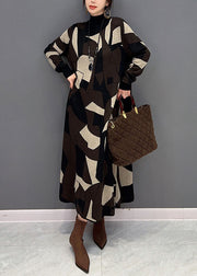 Fashion Chocolate Hign Neck Geometric Print Knit Sweater Dress Winter