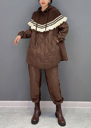 Fashion Chocolate Hooded Knit Patchwork Cotton Filled Two Pieces Set Winter