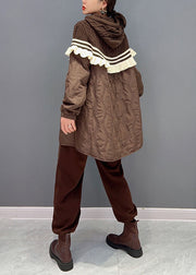 Fashion Chocolate Hooded Knit Patchwork Cotton Filled Two Pieces Set Winter