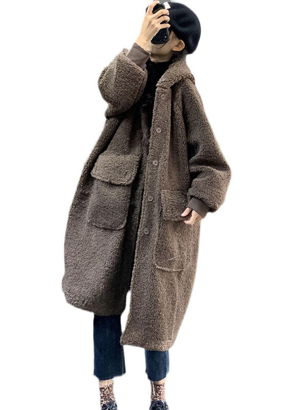 Fashion Chocolate Hooded Oversized Teddy Faux Fur Long Coats Winter