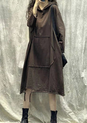 Fashion Chocolate Hooded Ripped Patchwork Cotton Sweatshirts Dress Fall