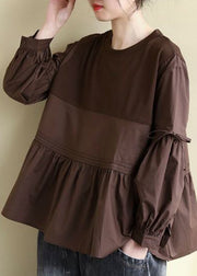 Fashion Chocolate O-Neck Patchwork Wrinkled Cotton Top Long Sleeve