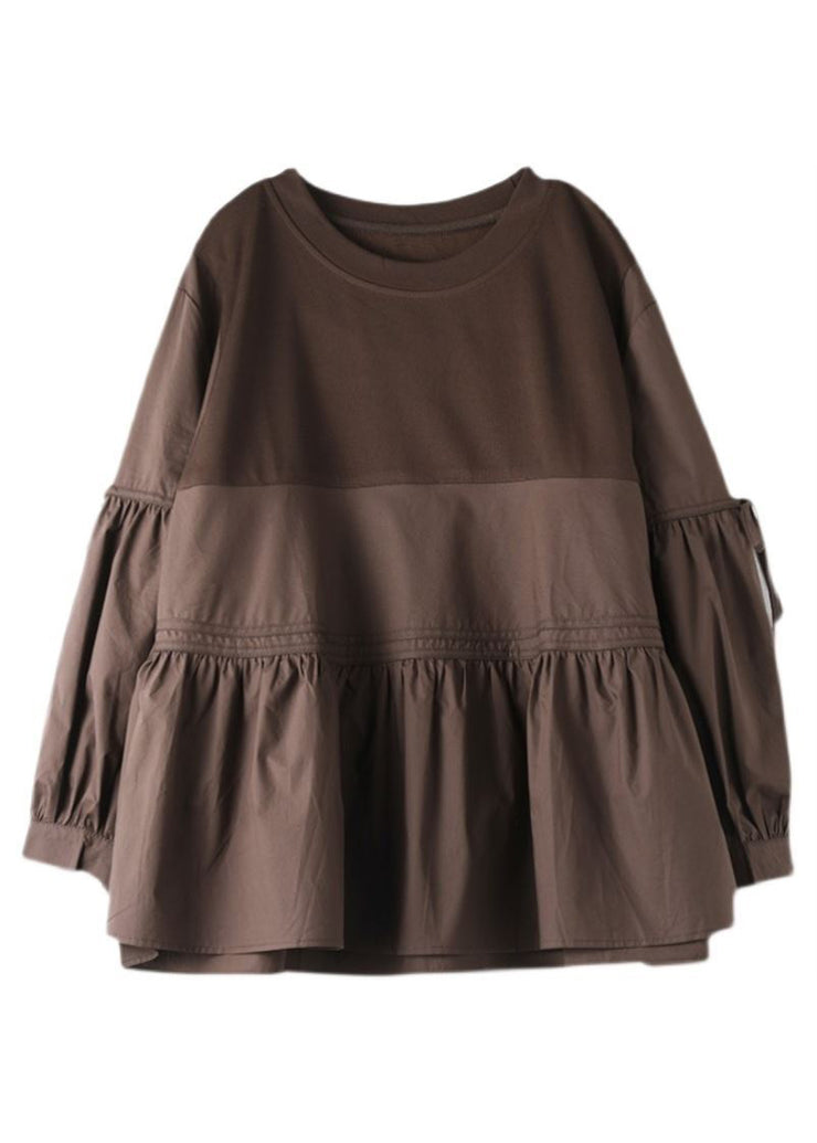 Fashion Chocolate O-Neck Patchwork Wrinkled Cotton Top Long Sleeve