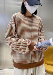 Fashion Coffee O-Neck Striped Patchwork Cotton Sweatshirts Top Long Sleeve