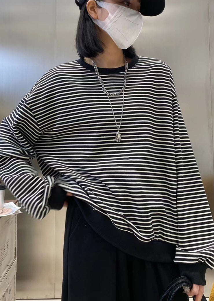 Fashion Coffee O-Neck Striped Patchwork Cotton Sweatshirts Top Long Sleeve