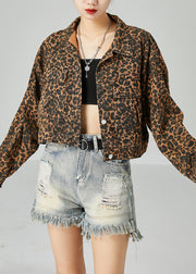 Fashion Coffee Peter Pan Collar Leopard Print Pockets Cotton Coats Spring