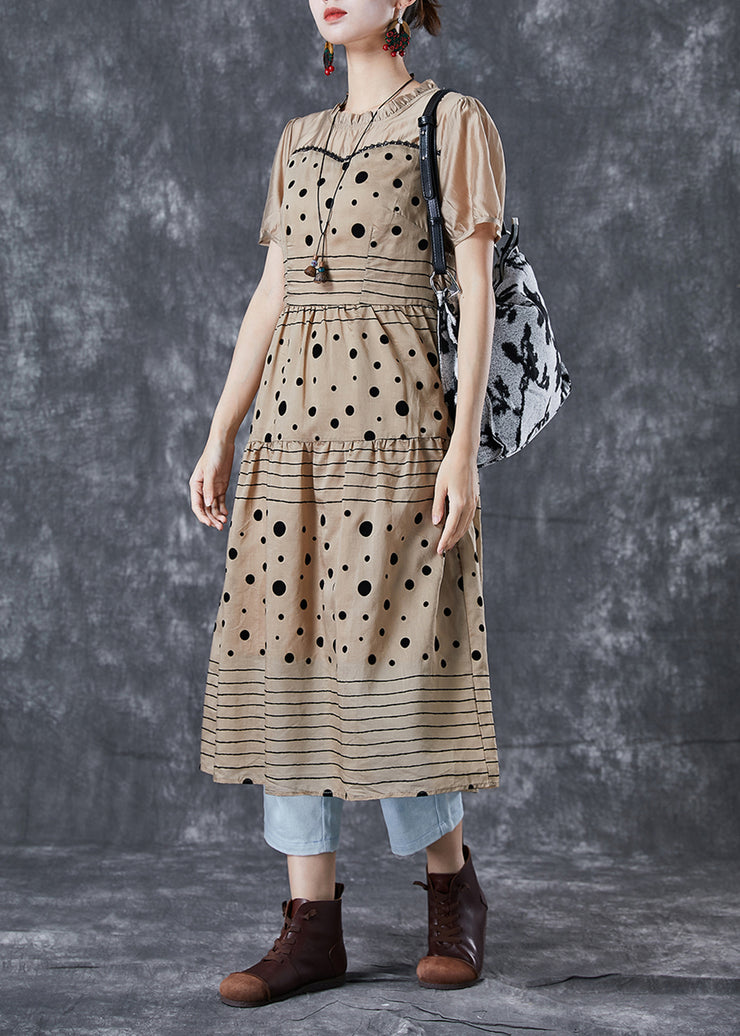 Fashion Coffee Ruffled Patchwork Print Chiffon Dress Summer