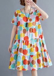 Fashion Colorblock O-Neck Dot Print Cotton Pleated Dresses Short Sleeve