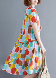 Fashion Colorblock O-Neck Dot Print Cotton Pleated Dresses Short Sleeve