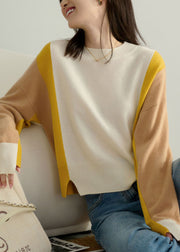 Fashion Colorblock O-Neck Patchwork Side Open Cashmere Sweater Spring