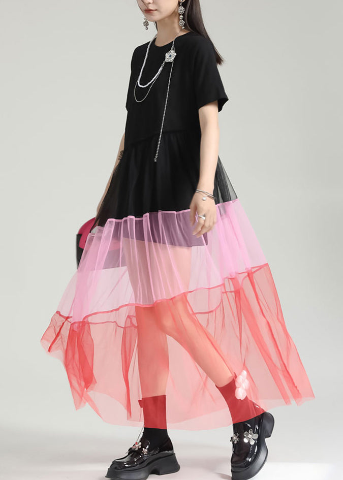 Fashion Colorblock O Neck Wrinkled Patchwork Tulle Dresses Summer