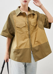 Fashion Colorblock Oversized Patchwork Cotton Shirt Tops Short Sleeve