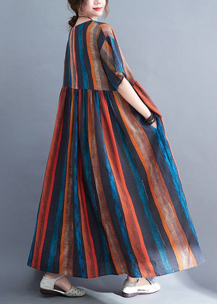 Fashion Colorblock Oversized Striped Linen Dresses Summer