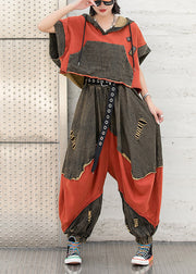 Fashion Colorblock Red Hooded Drawstring Patchwork Hole Tops And Harm Pants Two Pieces Set Short Sleeve