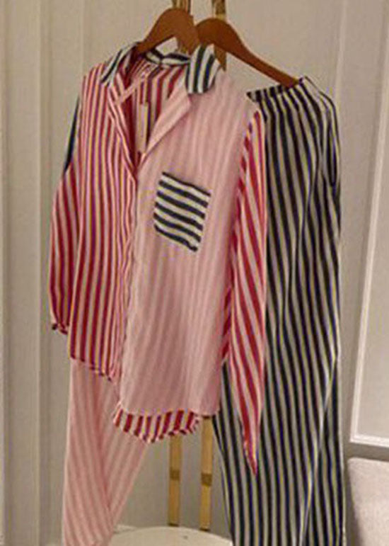 Fashion Colorblock Striped Patchwork Cotton Pajamas Two Piece Set Spring