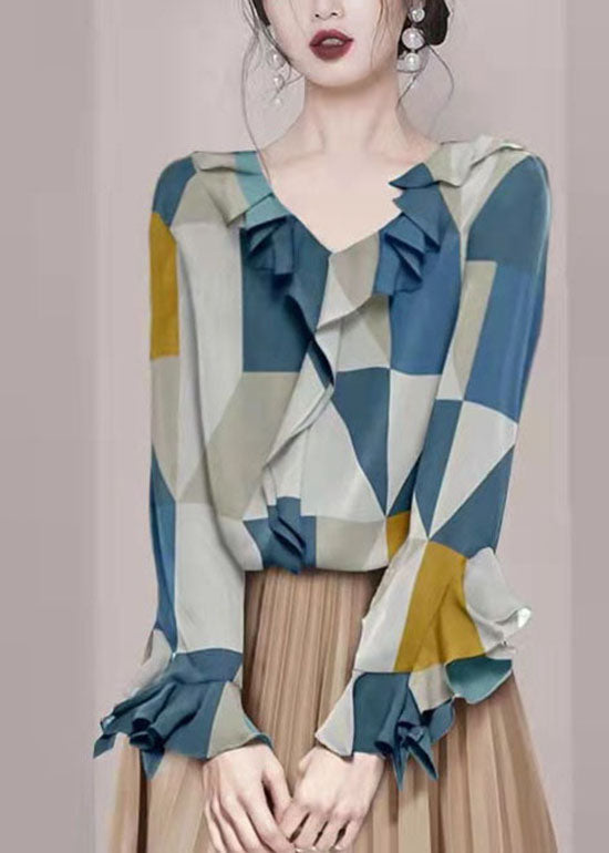 Fashion Colorblock V-Ausschnitt Rüschen Chiffon Shirt Tops Langarm
