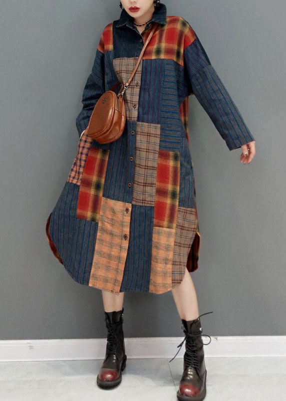Fashion Colorblock button side open Peter Pan Collar Patchwork Plaid coats Spring