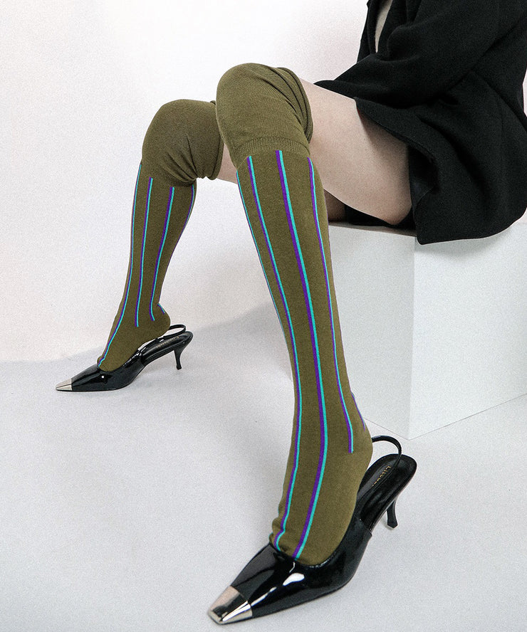 Fashion Cozy Army Green Striped Over The Knee Socks
