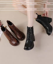 Fashion Cross Strap Chunky Boots Brown Cowhide Leather