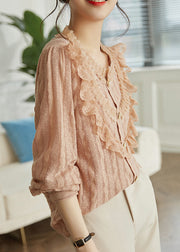 Fashion Cute Pink Ruffled Tulle Patchwork Lace Top Fall