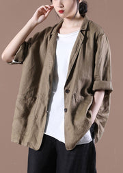 Fashion Dark Brown Notched Collar Pockets Linen Coat Long Sleeve