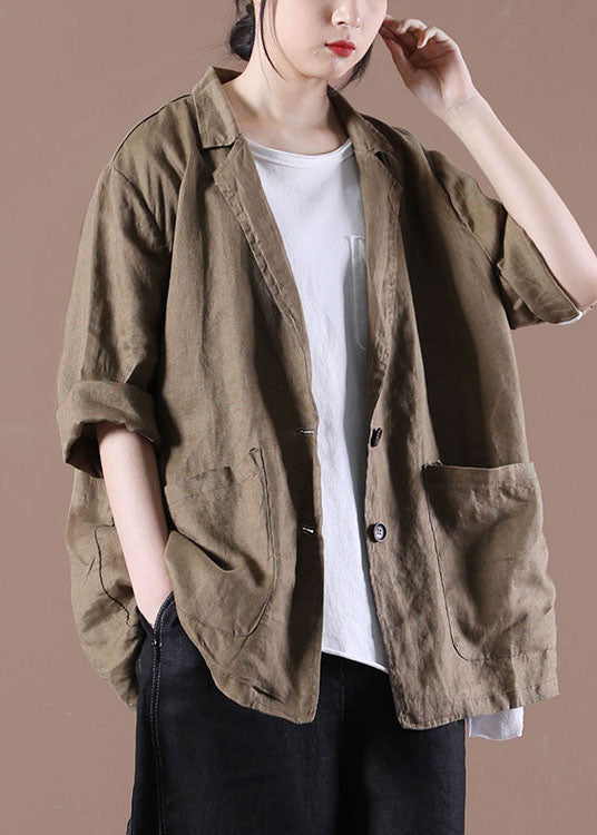 Fashion Dark Brown Notched Collar Pockets Linen Coat Long Sleeve