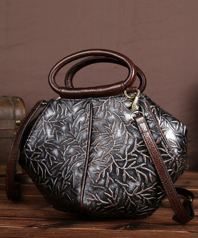 Fashion Dark Chocolate Branch Embossing Calf Leather Tote Handbag