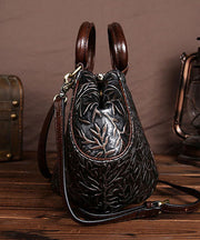 Fashion Dark Chocolate Branch Embossing Calf Leather Tote Handbag