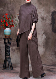 Fashion Dark Chocolate Colour Asymmetrical Knit Sweaters And Pants Two Piece Set Fall