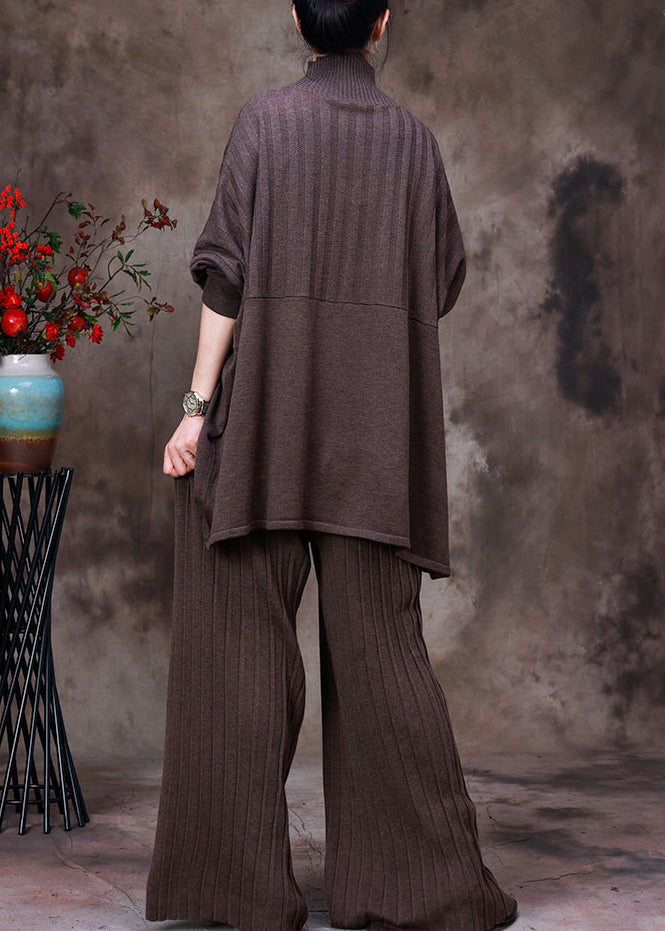 Fashion Dark Chocolate Colour Asymmetrical Knit Sweaters And Pants Two Piece Set Fall