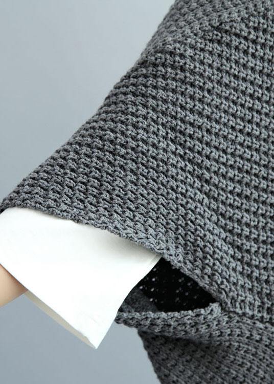 Fashion Dark Gray Bat Wing Sleeve Pockets Fall Knitwear Coat - SooLinen