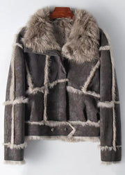 Fashion Dark Grey Rabbit Hair Collar Zippered Patchwork Leather And Fur Coat Winter