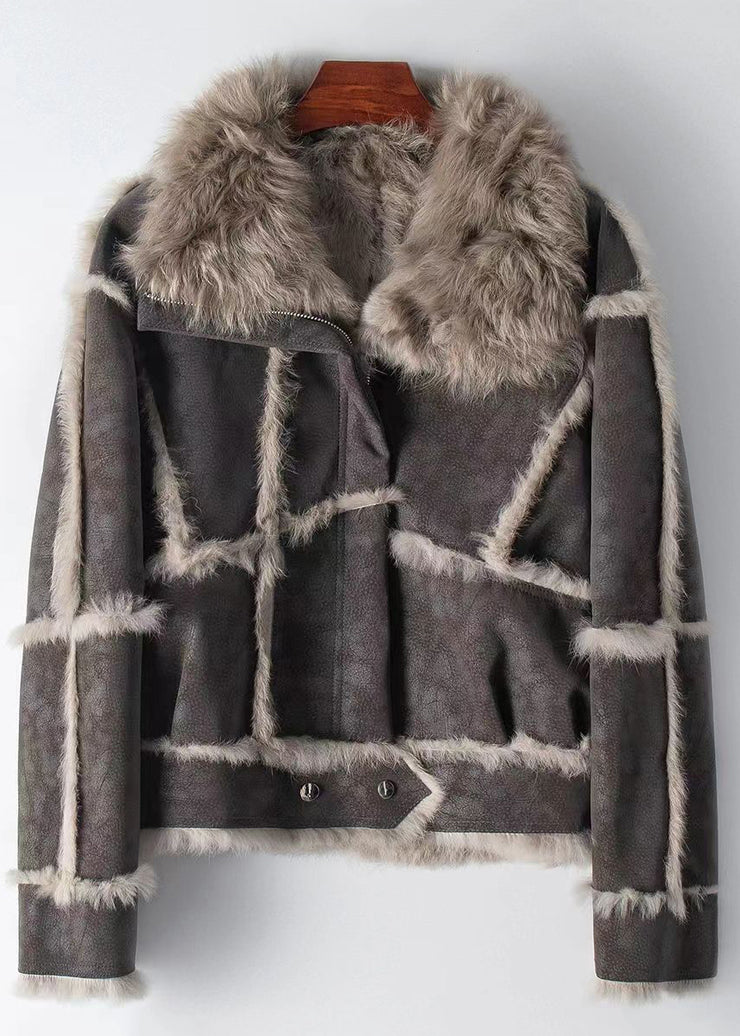 Fashion Dark Grey Zippered Patchwork Leather And Fur Coat Winter