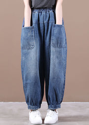 Fashion Denim Blue Elastic Waist Pockets Patchwork Cotton Harem Pants Fall